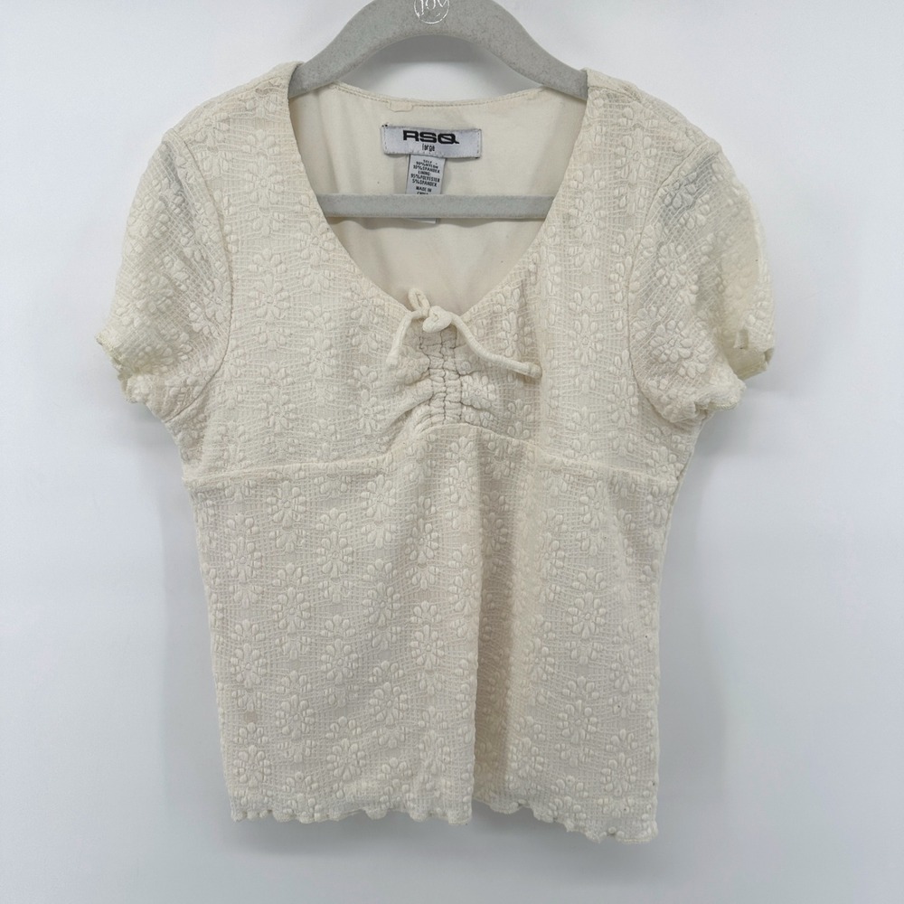 RSQ Girls Cream Floral Eyelet Lace Tie Front Short Sleeve Top Large